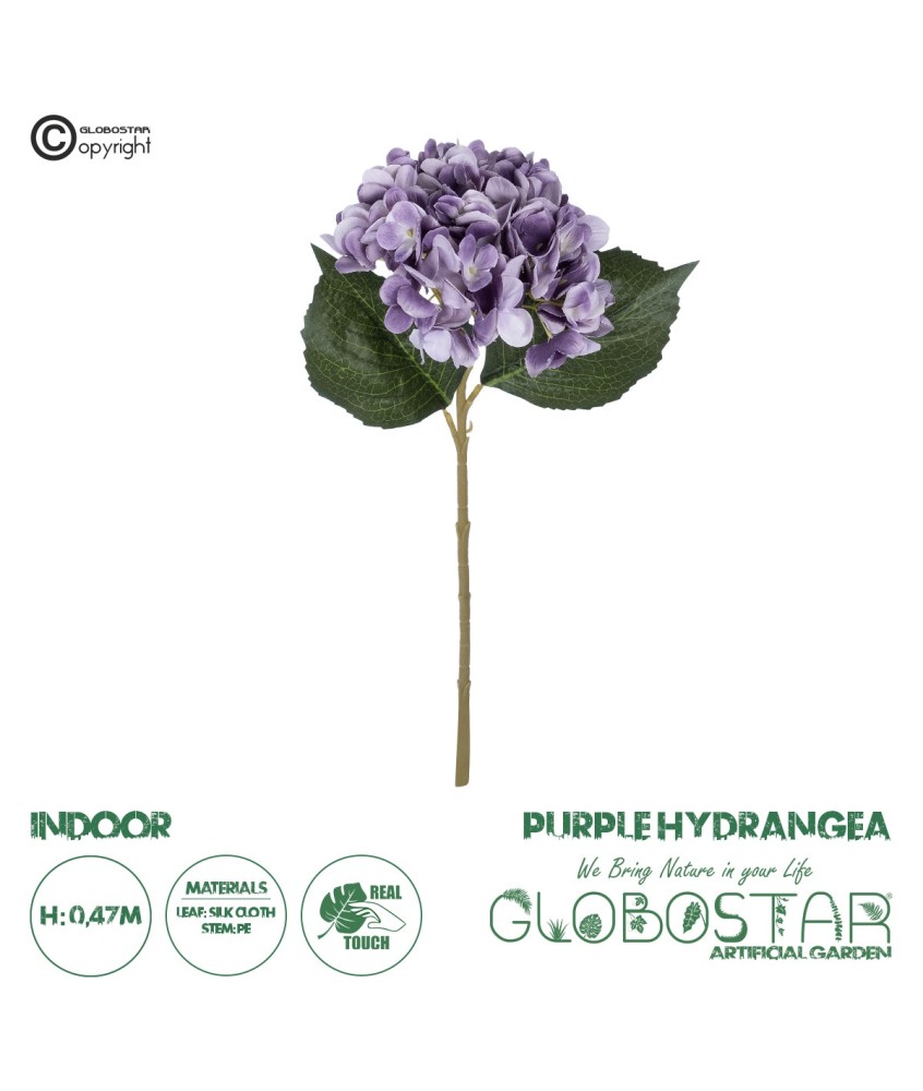 GloboStar® Artificial Garden PURPLE HYDRANGEA BRANCH 21181 Τεχνητό Διακοσμητικό Κλαδί Ορτανσίας Βαθύ Μωβ  Y47cm